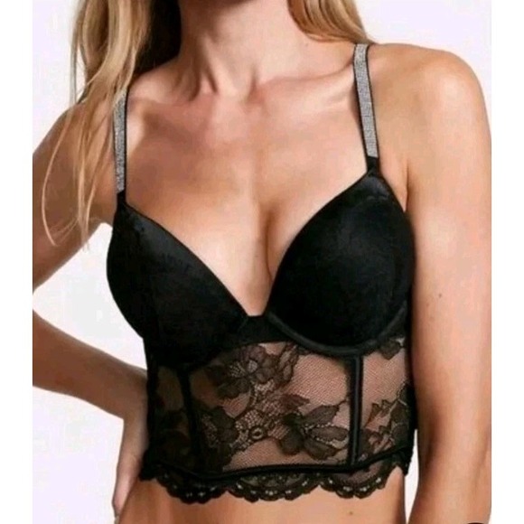 NWT Victoria's Secret Black Lace Bombshell  Shine Strap Corset Bra Size 34C $84 - Picture 1 of 8